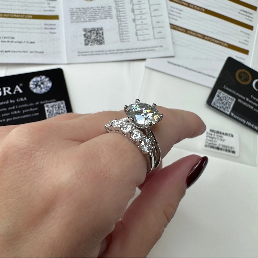 925 Sterling Silver Set “White Gold Look” Moissanite Rings for Women Size 7.5 - Picture 7 of 17